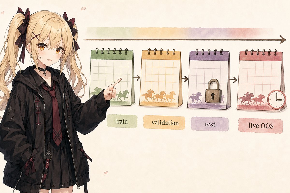 time splitでは過去で学習し、未来側で検証する。live OOSは作成後の新しいレースで固定ルールを試す。