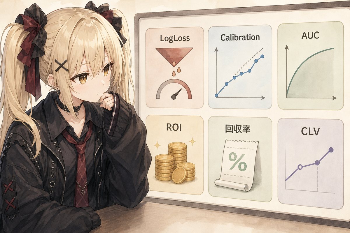 LogLoss、Calibration、AUC、ROI、回収率、CLVは、それぞれ違う失敗を検出する。