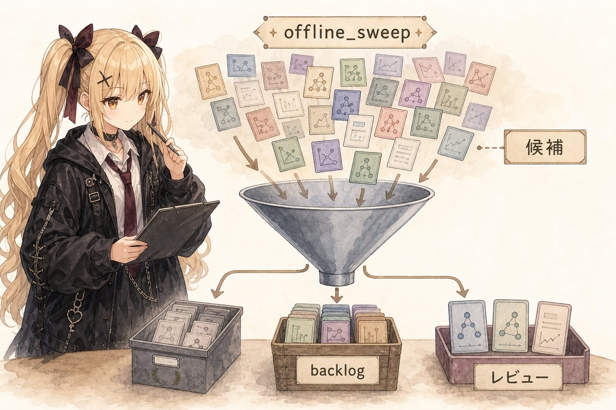 offline_sweepは探索の場。良い候補はすぐ本番へ送らず、backlogと追加検証を通す。