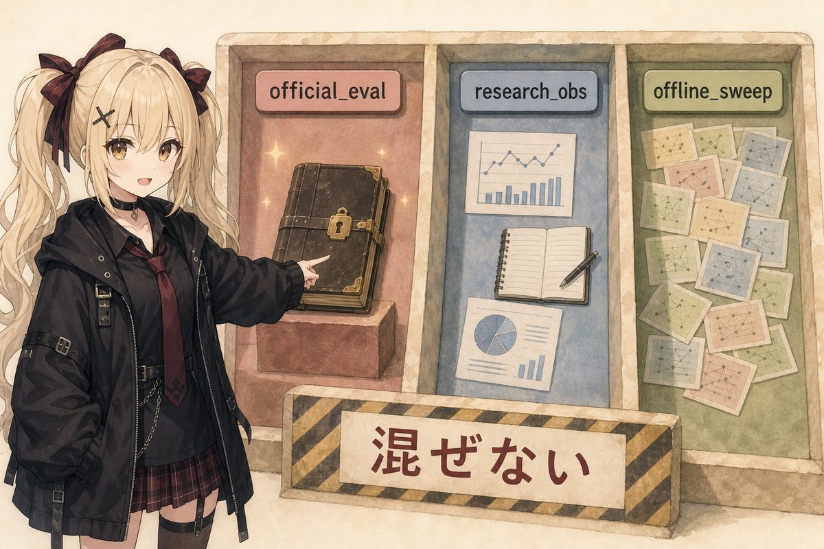official_eval、research_obs、offline_sweepは役割を分ける。研究の自由さと正式評価の厳格さを混ぜない。