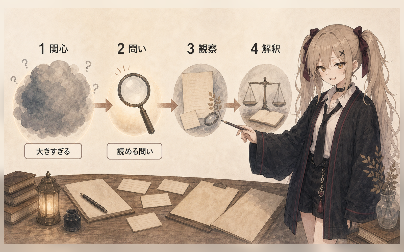 大きな関心は、小さく読める問いに変換してから資料へ向ける。