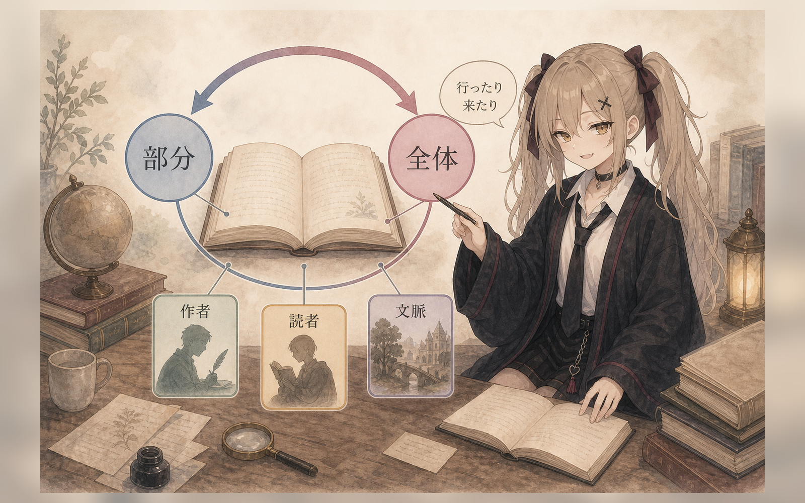 読解は、部分と全体を往復しながら、作者・読者・文脈を分けて考える。