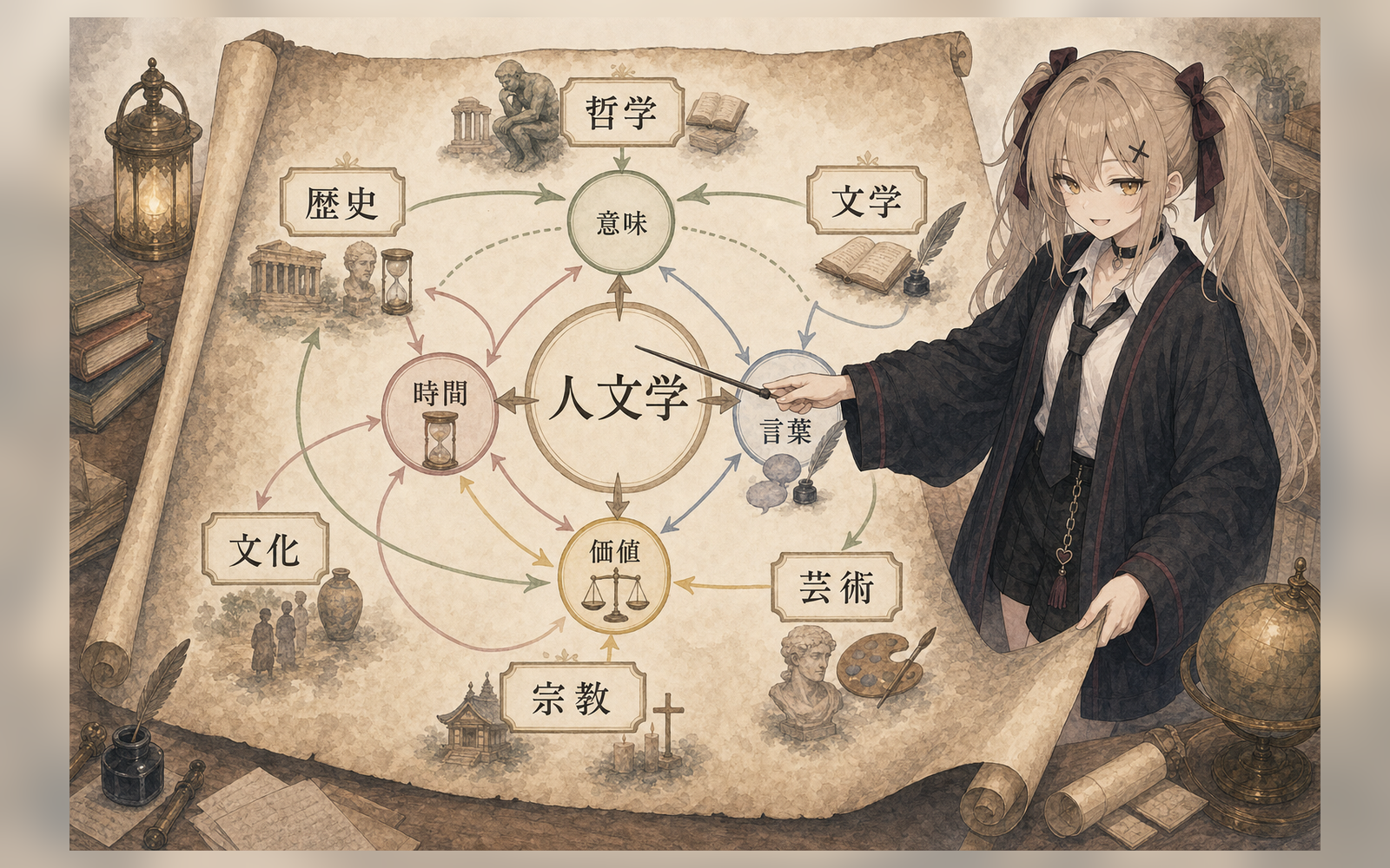 人文学の分野は、中心にある意味・時間・言葉・価値への問い方の違いでつながる。