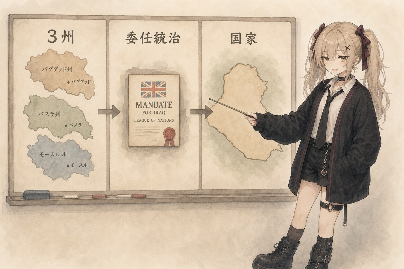 三つの州、委任統治、国家形成を一列に並べると、イラクの政治が最初から複数の地域・宗派・帝国の記憶を抱えていたことが見える。