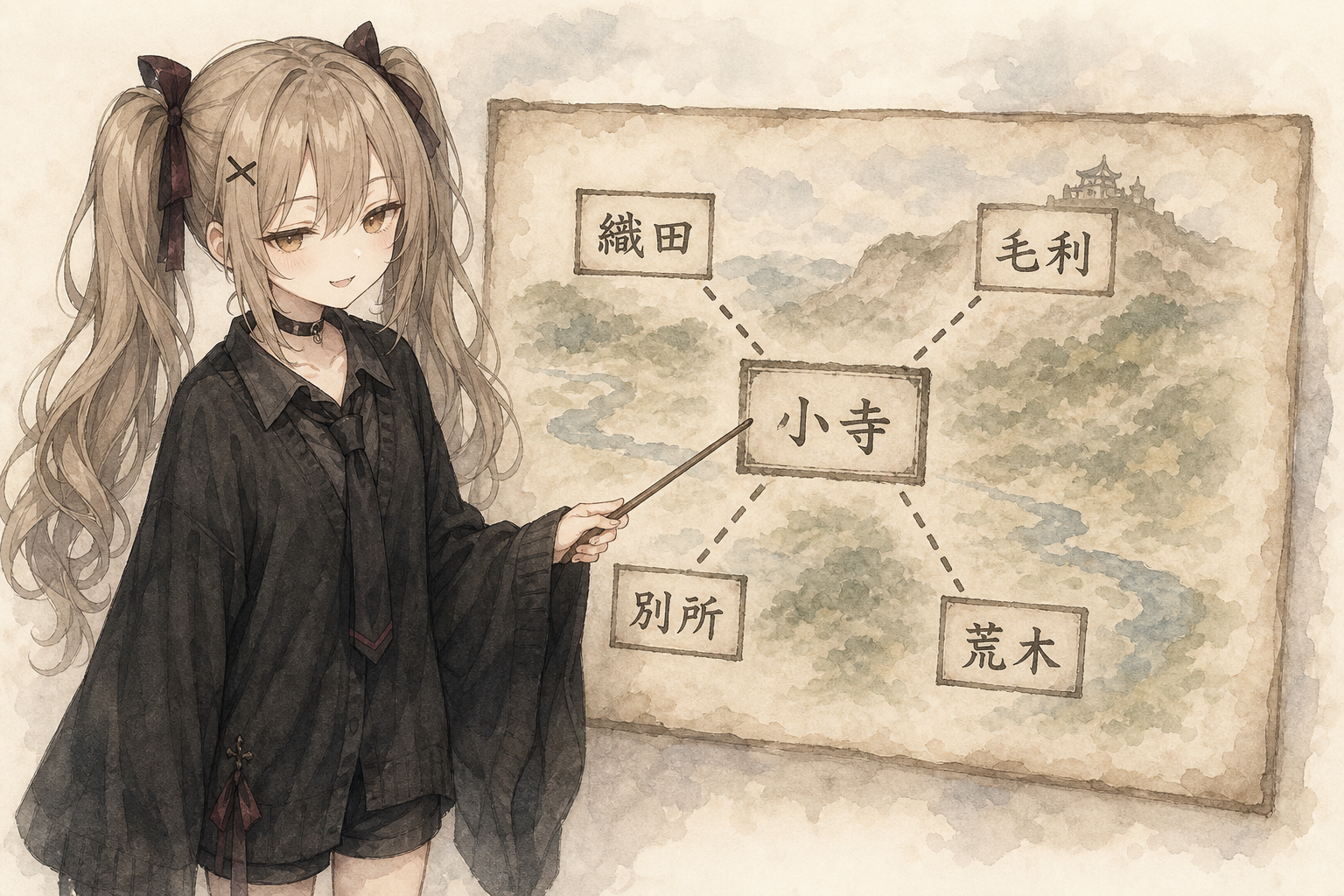 播磨の勢力関係を案内する美影の生成イラスト