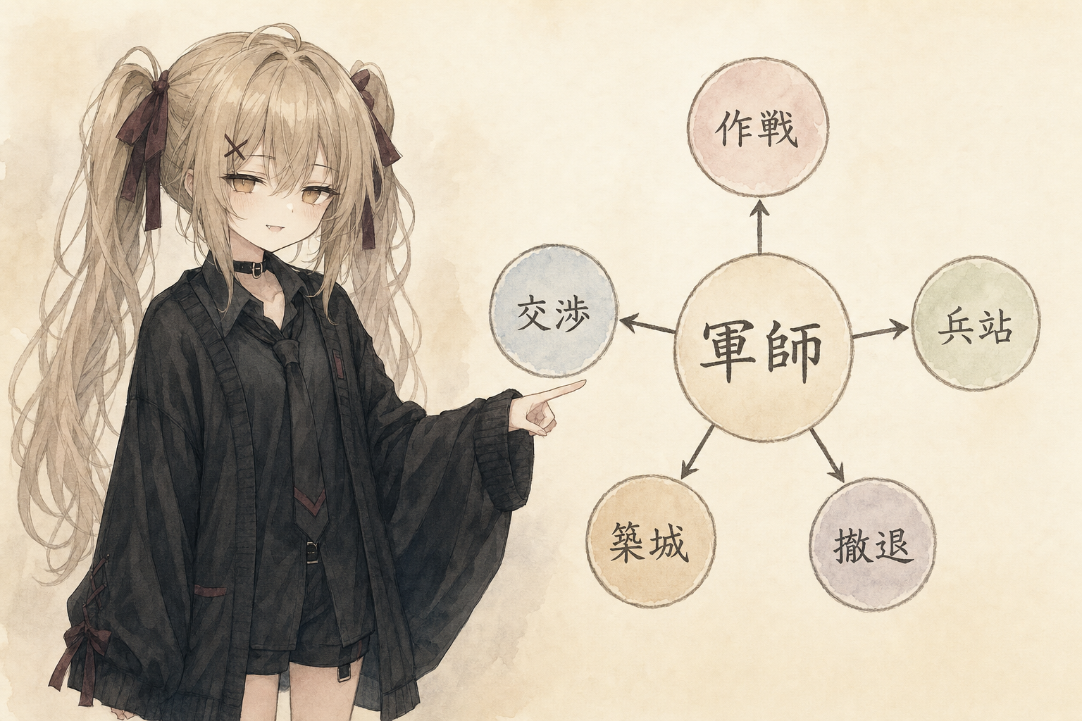 軍師の役割を作戦、兵站、交渉、築城、撤退に分解する生成イラスト