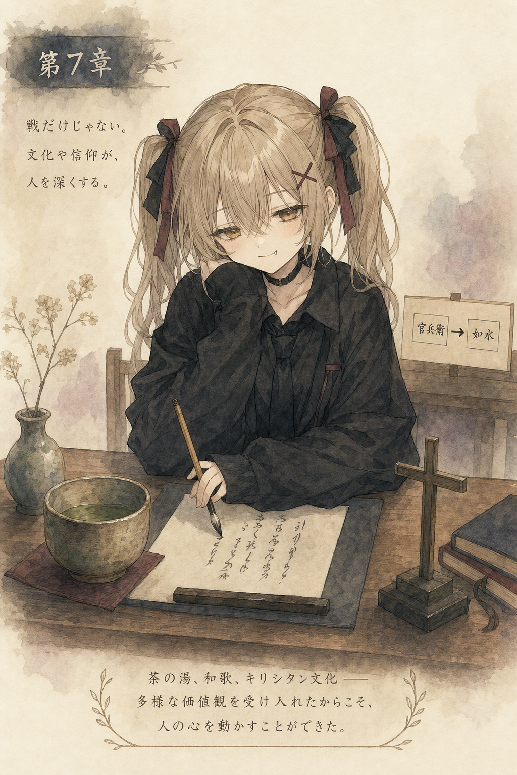 官兵衛から如水へ変わる宗教と文化の層を示す生成イラスト