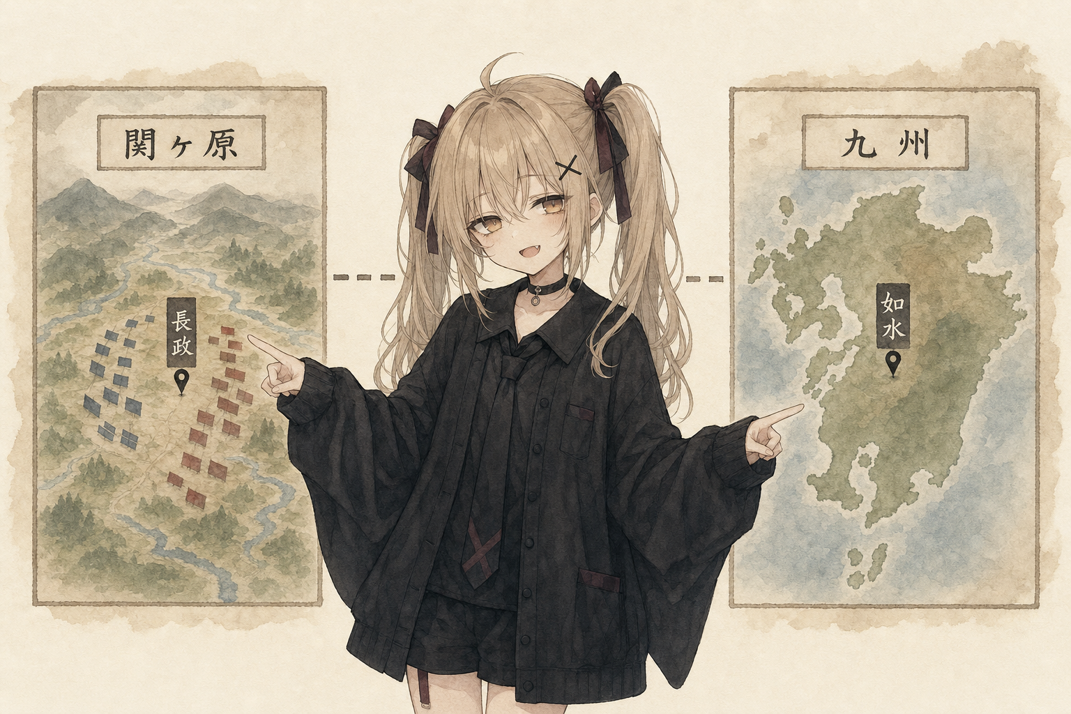 関ヶ原本戦と九州行動を二つの舞台で示す生成イラスト