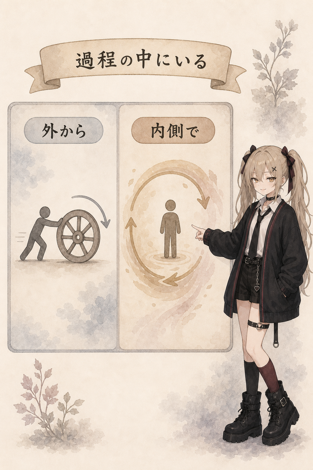 ベンヴェニストの読み方では、中動態は主体が過程の外から押すのではなく、過程の内側にいる見方として理解される。