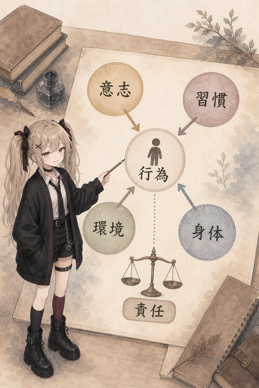 行為は、意志だけでなく習慣・環境・身体にも形づくられる。責任は、その過程にどう介入するかまで含めて考える。