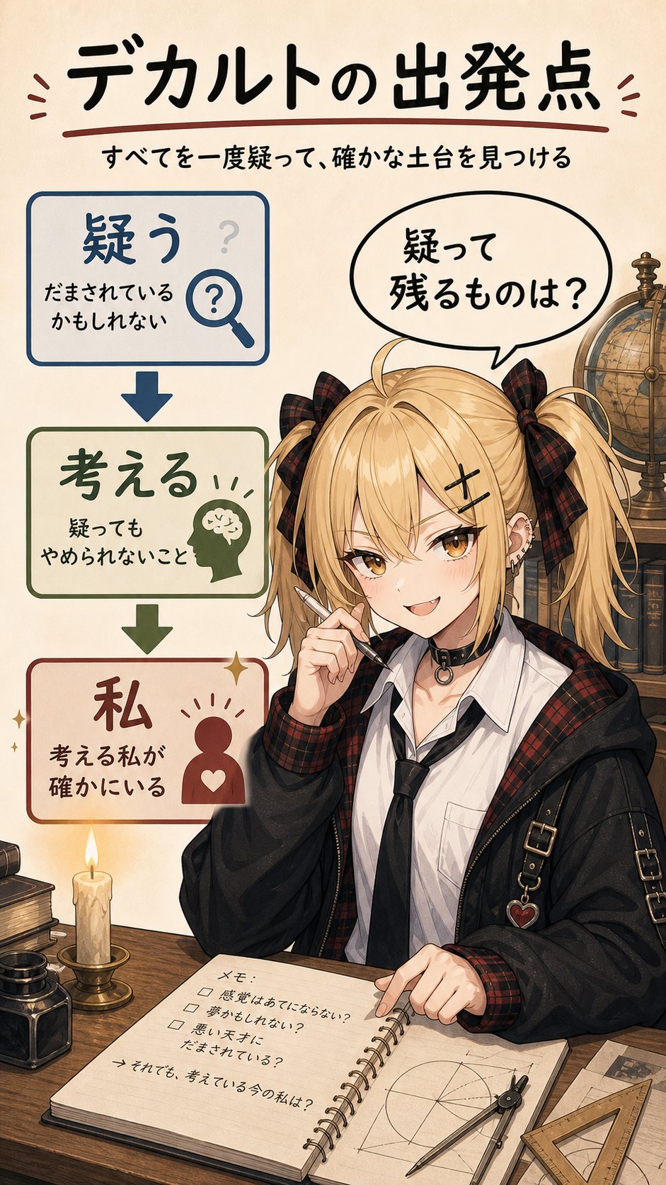 デカルトの出発点。疑う、考える、私という三段階で近代の主体が立ち上がる。
