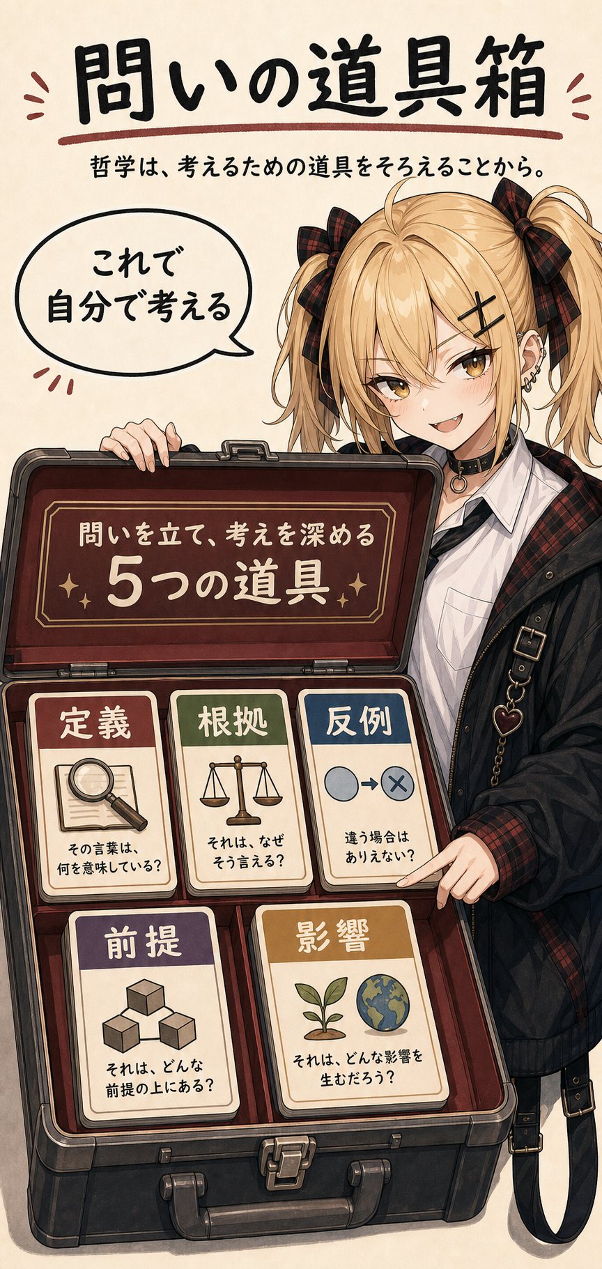 問いの道具箱。定義・根拠・反例・前提・影響を持ち帰る。